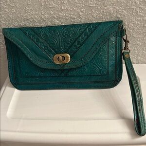 Elegant Tooled Leaher Teal Clutch with Wrist Strap